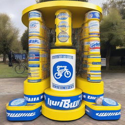 A cycling podium made entirely of large beer cans that cyclists can stand on