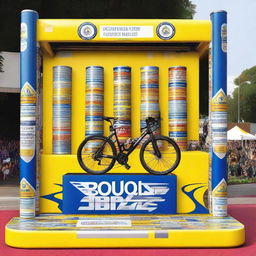 A cycling podium made entirely of large beer cans that cyclists can stand on