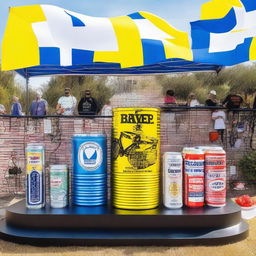 A cycling podium made entirely of large beer cans that cyclists can stand on