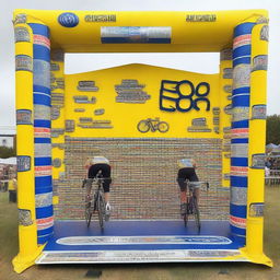 A cycling podium made entirely of large beer cans that cyclists can stand on