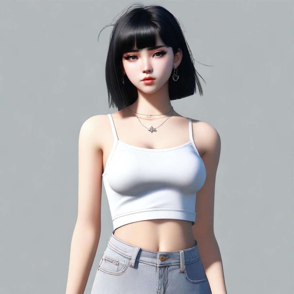 A photo-realistic image of an e-girl with black hair, wearing a crop top