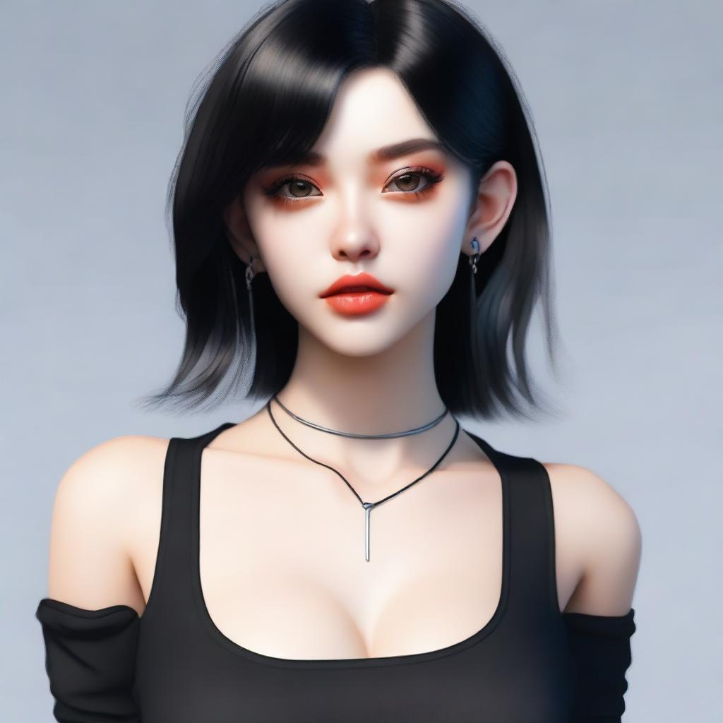 A photo-realistic image of an e-girl with black hair, wearing a crop top