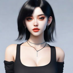 A photo-realistic image of an e-girl with black hair, wearing a crop top