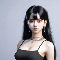 A photo-realistic image of an e-girl with black hair, wearing a crop top