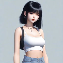 A photo-realistic image of an e-girl with black hair, wearing a crop top