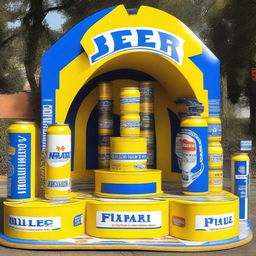 A 3D cycling podium made of large beer cans that cyclists can stand on