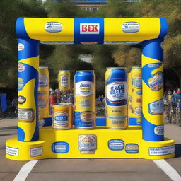 A 3D cycling podium made of large beer cans that cyclists can stand on