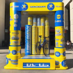 A 3D cycling podium made of large beer cans that cyclists can stand on