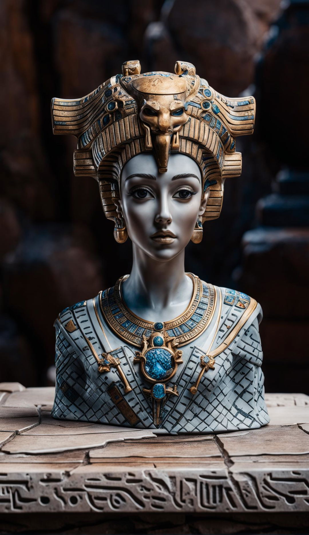 High-definition photograph of an intricately detailed porcelain bust of Cleopatra resting on an ancient tabletop, set against a tomb background.