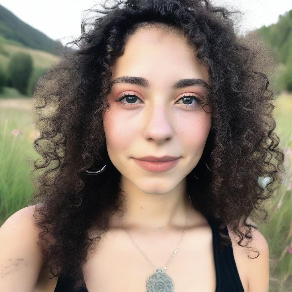 A close-up selfie of an 18-year-old hippie with black curly hair and piercings