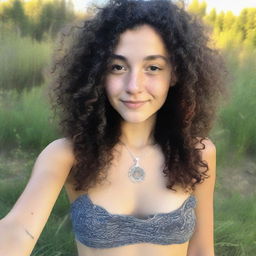 A close-up selfie of an 18-year-old hippie with black curly hair and piercings