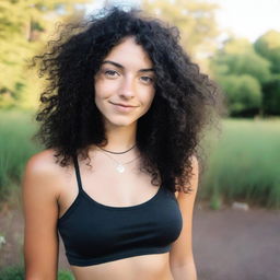 A close-up selfie of an 18-year-old hippie with black curly hair and piercings