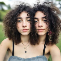 A close-up selfie of an 18-year-old hippie with black curly hair and piercings