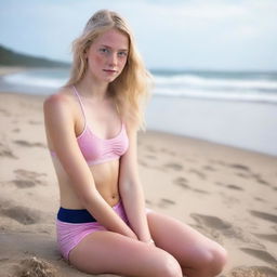 An 18-year-old girl with blond hair and blue eyes sitting on the beach