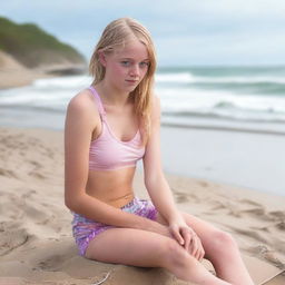 An 18-year-old girl with blond hair and blue eyes sitting on the beach