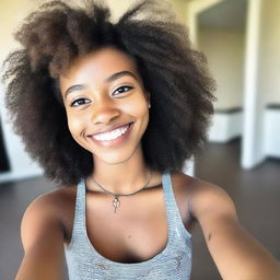 A close-up high-angle selfie of an 18-year-old girl with dark skin, an afro hairstyle, and black eyes