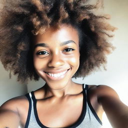 A close-up high-angle selfie of an 18-year-old girl with dark skin, an afro hairstyle, and black eyes