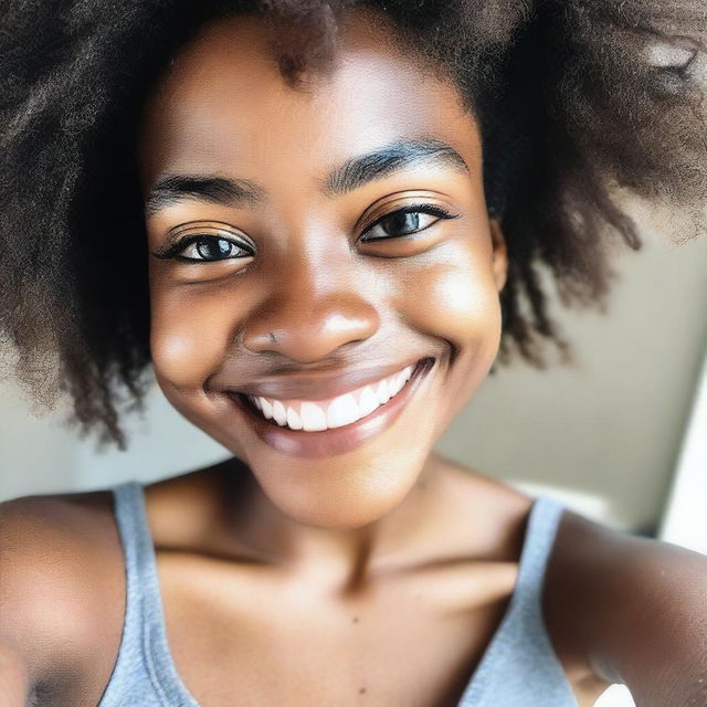 A close-up high-angle selfie of an 18-year-old girl with dark skin, an afro hairstyle, and black eyes