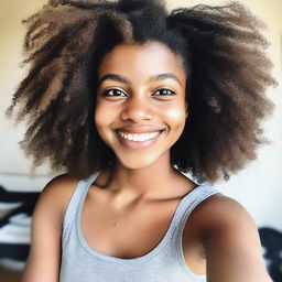 A close-up high-angle selfie of an 18-year-old girl with dark skin, an afro hairstyle, and black eyes