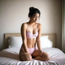 A young woman in pink boxers is sitting on a bed, crouched with her knees up to her chest