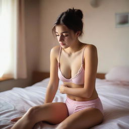 A young woman in pink boxers is sitting on a bed, crouched with her knees up to her chest