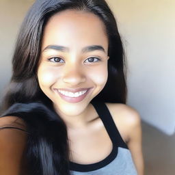 A close-up high-angle selfie of an 18-year-old girl with dark skin, long black hair, and black eyes