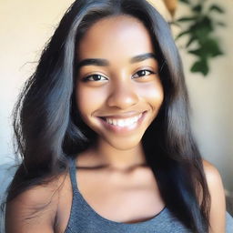 A close-up high-angle selfie of an 18-year-old girl with dark skin, long black hair, and black eyes