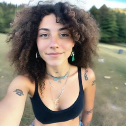 A close-up high-angle selfie of an 18-year-old hippie with black curly hair and piercings