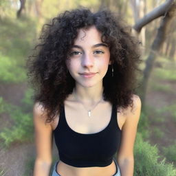 A close-up high-angle selfie of an 18-year-old hippie with black curly hair and piercings