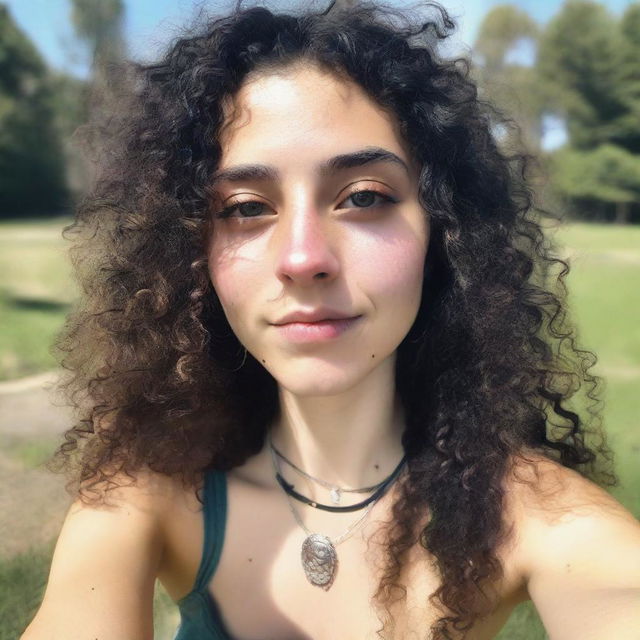 A close-up high-angle selfie of an 18-year-old hippie with black curly hair and piercings