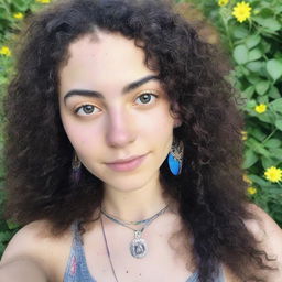 A close-up high-angle selfie of an 18-year-old hippie with black curly hair and piercings