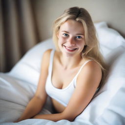 A young 18-year-old blonde woman with blue eyes is lying in bed, wearing white boxers and smiling