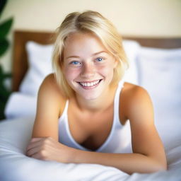 A young 18-year-old blonde woman with blue eyes is lying in bed, wearing white boxers and smiling