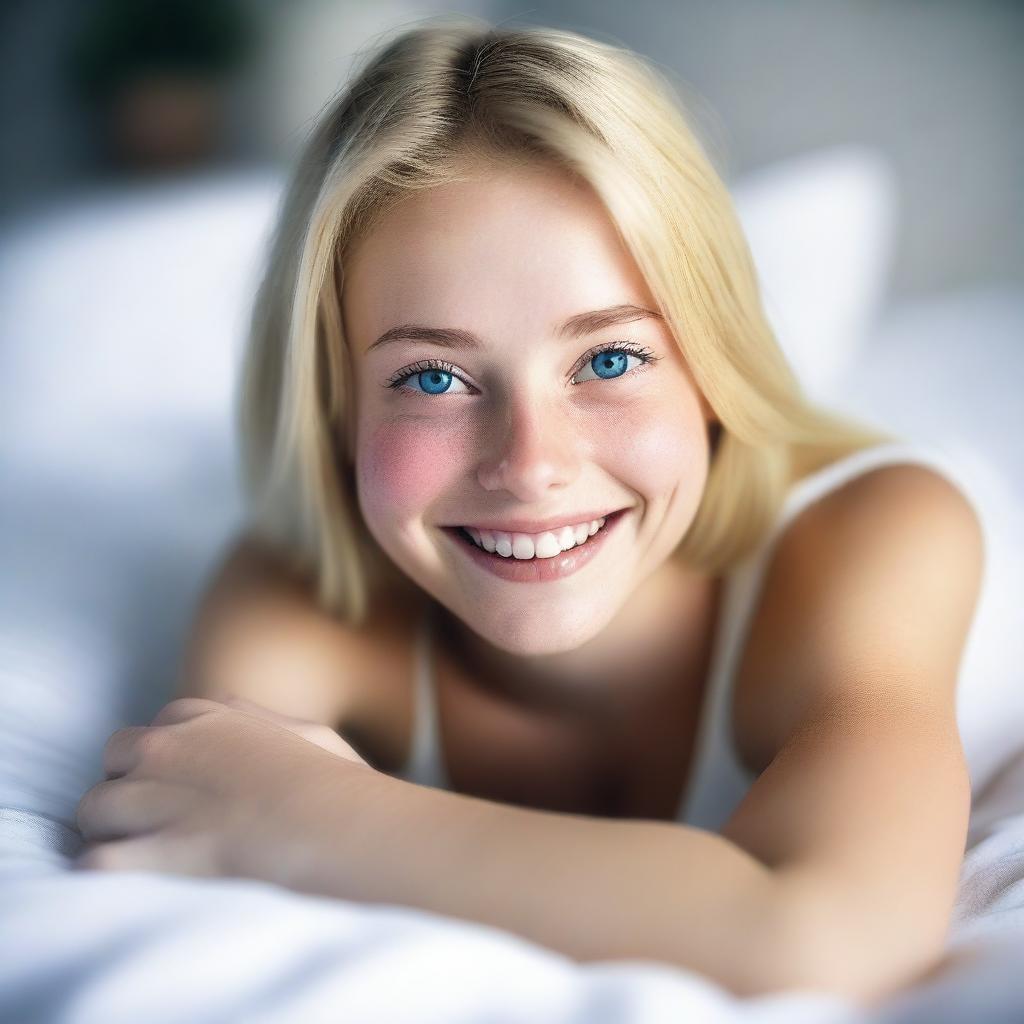 A young 18-year-old blonde woman with blue eyes is lying in bed, wearing white boxers and smiling