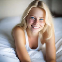 A young 18-year-old blonde woman with blue eyes is lying in bed, wearing white boxers and smiling