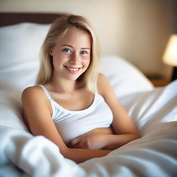 A young 18-year-old blonde woman with blue eyes is lying in bed, wearing white boxers and smiling