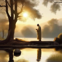 A serene depiction of a morning prayer in a peaceful setting