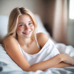 A young 18-year-old blonde woman with blue eyes is lying in bed, wearing white boxers and smiling