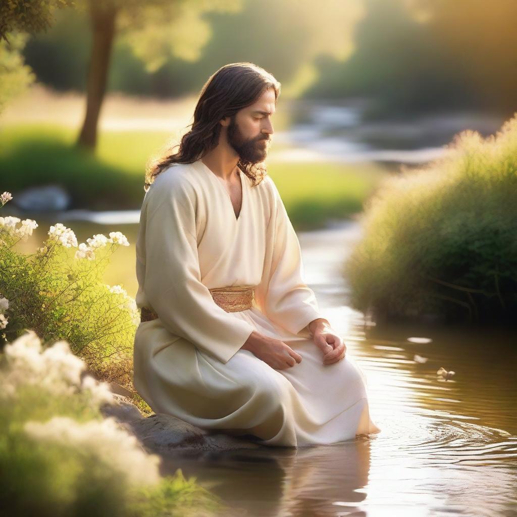 A serene image of Jesus Christ in a morning prayer, bathed in soft golden sunlight