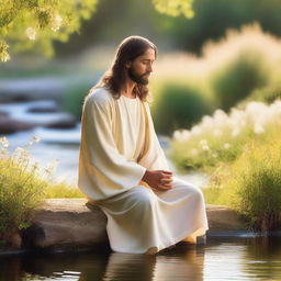 A serene image of Jesus Christ in a morning prayer, bathed in soft golden sunlight