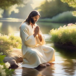 A serene image of Jesus Christ in a morning prayer, bathed in soft golden sunlight