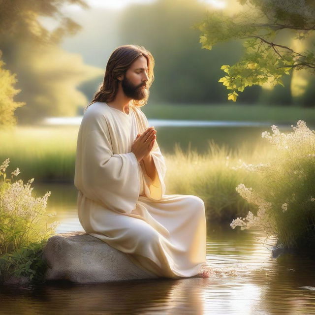 A serene image of Jesus Christ in a morning prayer, bathed in soft golden sunlight