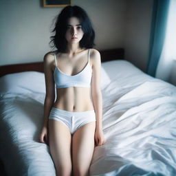 An 18-year-old girl lying in bed, wearing white boxers, standing with her legs apart, with black hair and blue eyes