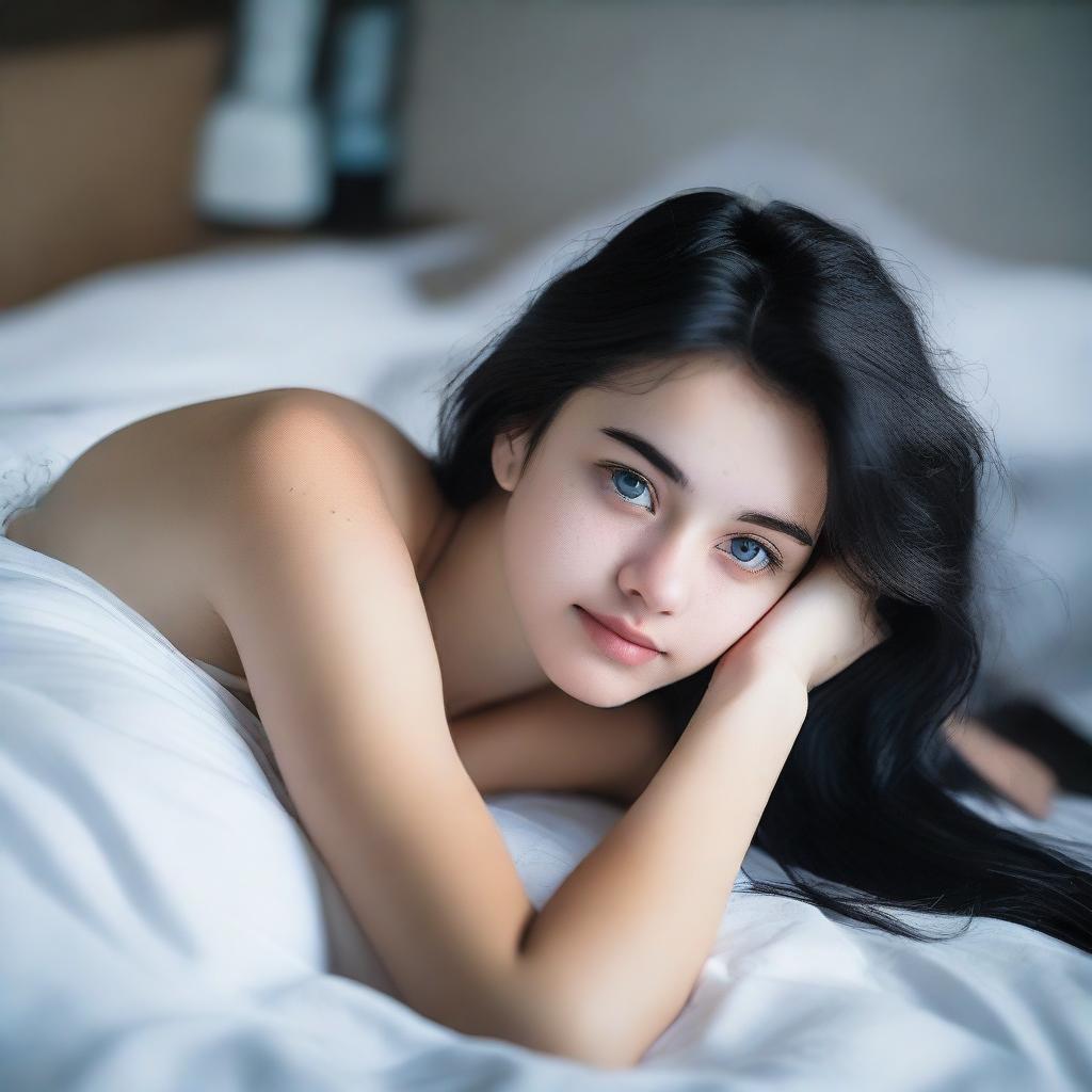 An 18-year-old girl lying in bed, wearing white boxers, with black hair and blue eyes