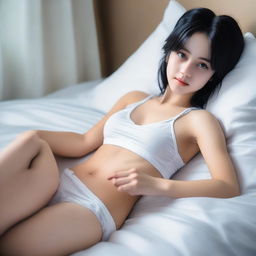 An 18-year-old girl lying in bed, wearing white boxers, with black hair and blue eyes