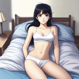 An 18-year-old girl lying in bed, wearing white boxers, with black hair and blue eyes