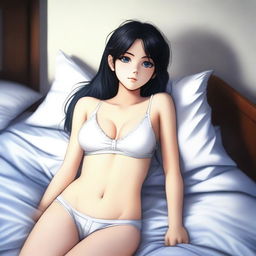 An 18-year-old girl lying in bed, wearing white boxers, with black hair and blue eyes