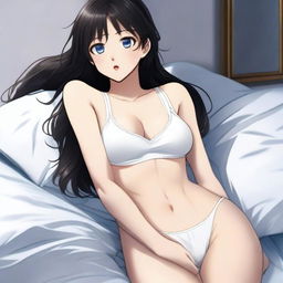 An 18-year-old girl lying in bed, wearing white boxers, with black hair and blue eyes