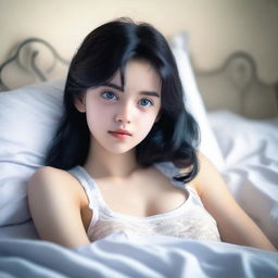 An 18-year-old girl lying in bed, wearing white boxers, with black hair and blue eyes