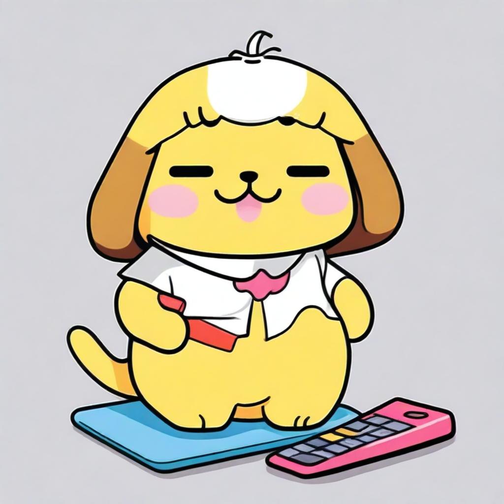 Create an image of Pompompurin, the cute Sanrio character, holding a calculator and wearing glasses